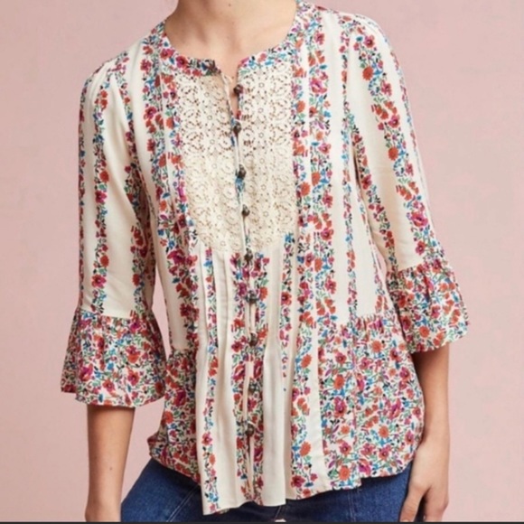 Anthropologie Maeve Floral Hiver Ivory Blouse Lace Button up Top Women's Size 2P - Picture 1 of 5